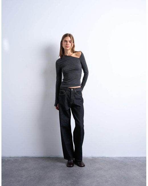 Top froncé brossé à encolure asymétrique et manches longues - anthracite TOPSHOP en coloris Blue