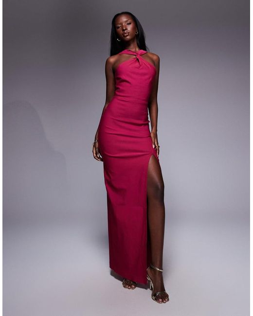 Vesper Halterneck Twist Neck Maxi Dress With Side Split in Pink | Lyst UK