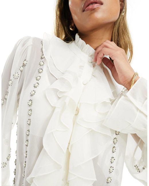 River Island White Ruffle Blouse With Embroidered Detail