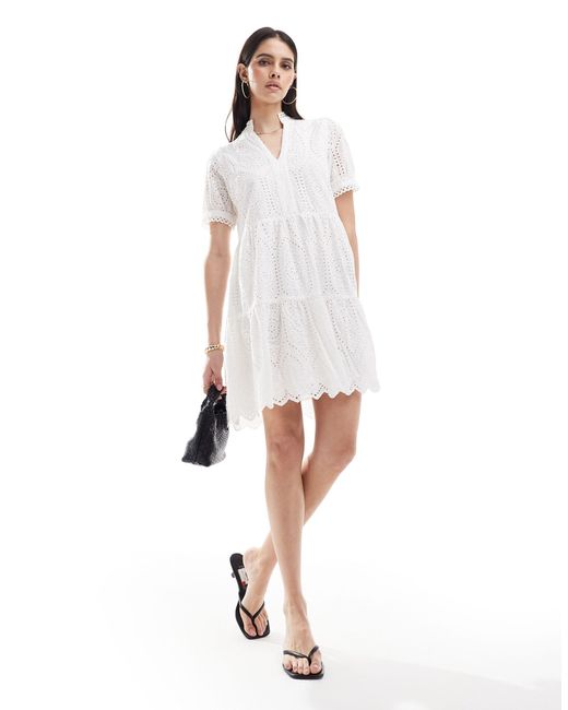 Y.A.S White V Neck Broderie Mini Dress