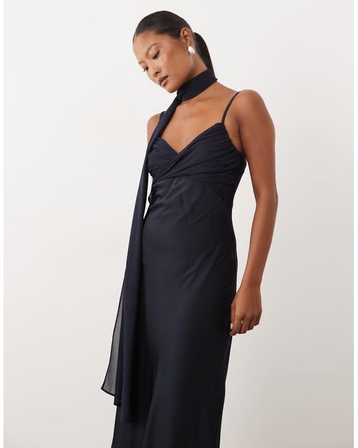 TFNC London Blue Satin Bust Chiffon Scarf Detail Cami Maxi Dress