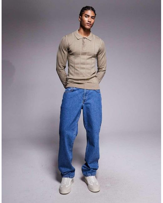 River Island Natural Muscle Fit Ribbed Knitted Polo for men