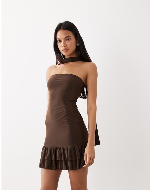 Kaiia Brown Exclusive Double Layered Slinky Scarf Detail Bandeau Ruffle Hem Mini Dress