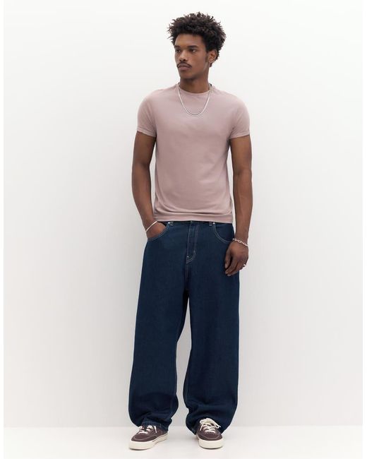 Pull&Bear Blue Basic Muscle Fit T-Shirt for men
