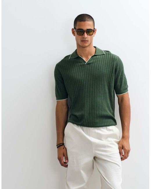 Mango Green Knitted Revere Collar Contrast Tipping Polo Top for men