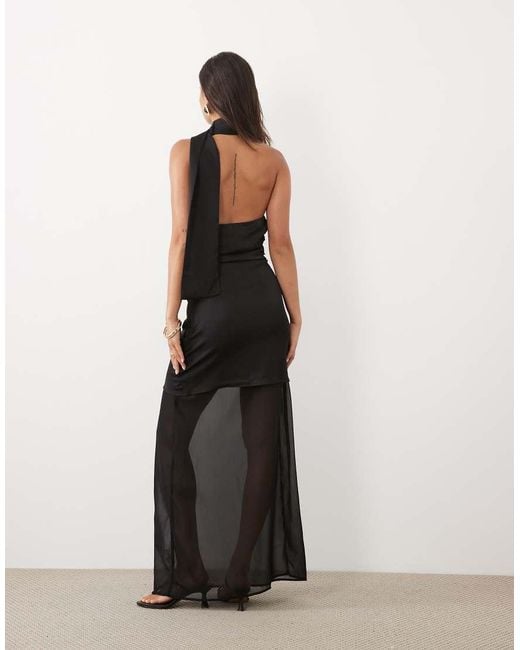 Kaiia Black Exclusive Satin Halterneck Scarf Detail Sheer Hem Maxi Dress