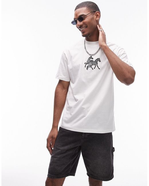 T-shirt oversize nera con stampa di zebre ricamate di Topman in White da Uomo