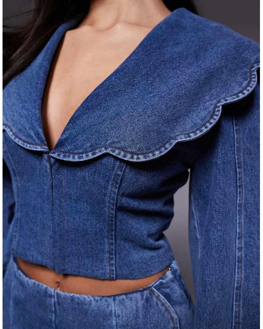 ASOS Blue Co-Ord Denim Cropped Blazer With Oversized Collar