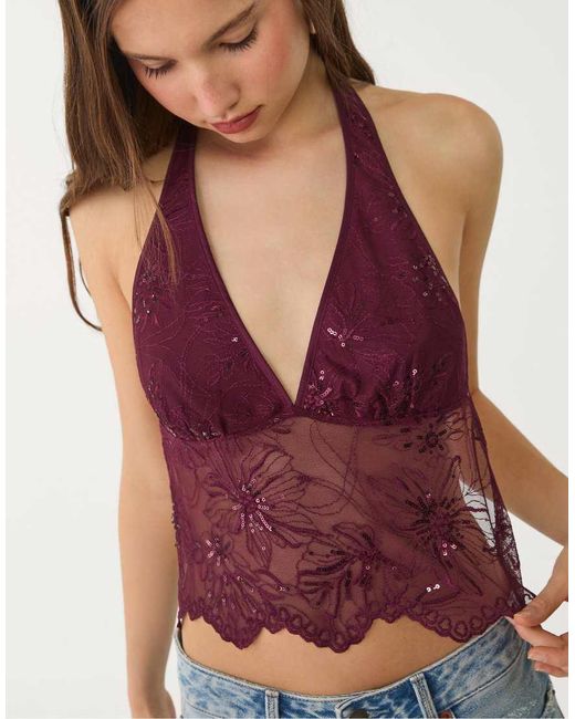 Top Allacciato Al Collo Con Paillettes Ricamate di Stradivarius in Red