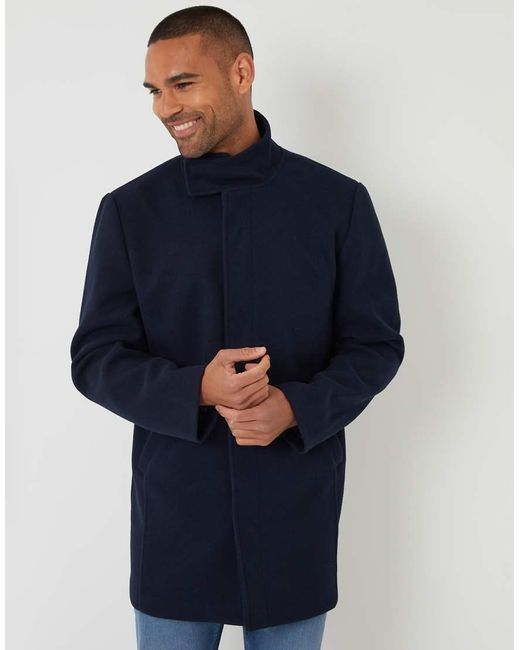 Threadbare Blue Longline Faux Wool Funnel Neck Coat for men