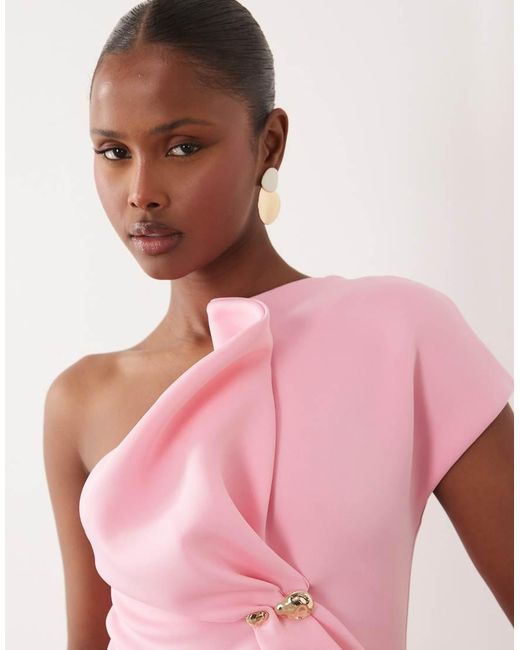 ASOS Pink Asymmetric One Shoulder Midi Dress With Trim