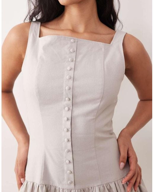 Kaiia Gray Exclusive Linen Blend Square Neckline Button Detail Mini Dress