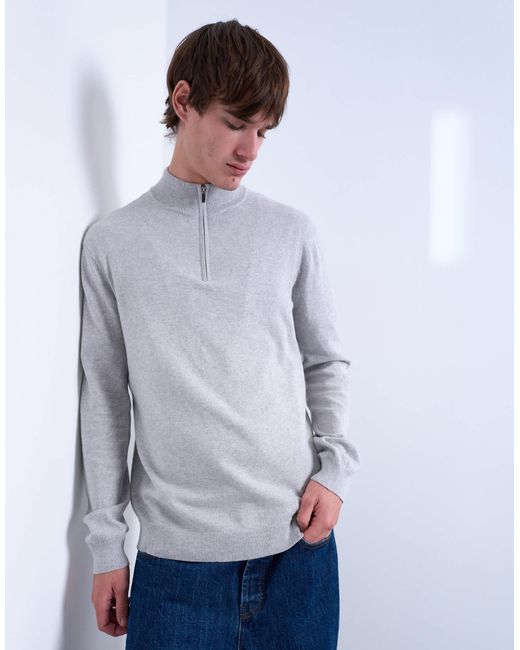 Topman Gray Essential Knit 1/4 Zip Funnel for men