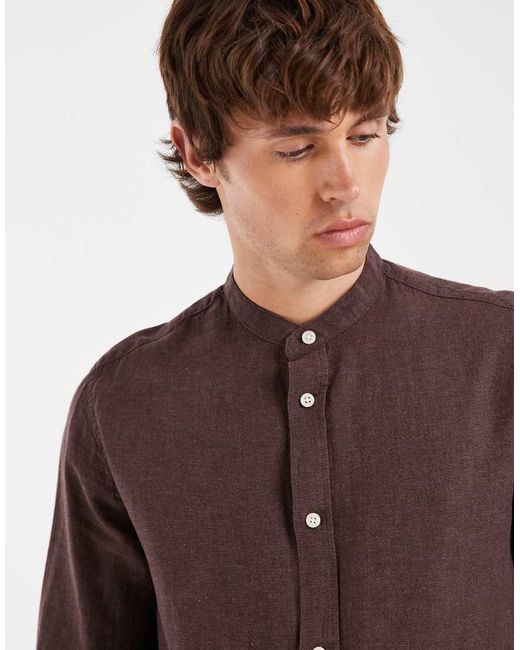 Only & Sons Brown Linen Mix Grandad Collar Shirt for men