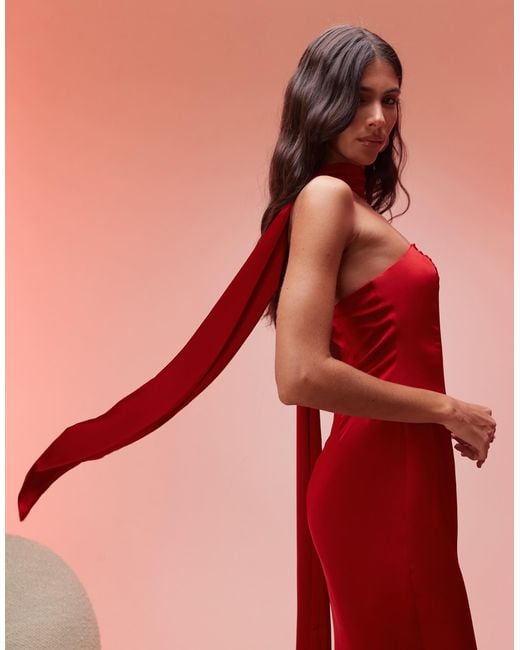 Oh Polly Red Mandi Scarf Detail Strapless Maxi Dress