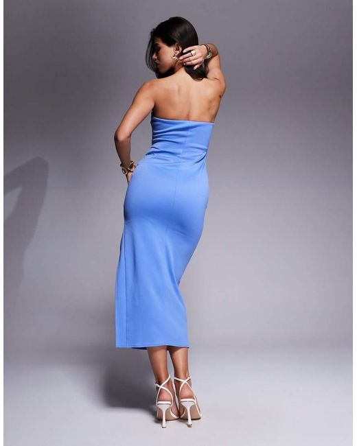 ASOS Blue Pencil Midi Dress With Slouched Bodice Detail And Hook And Eye Tape