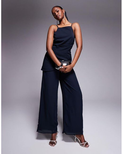 ASOS Blue Square Neck Structured Jumpsuit With Chiffon Trouser