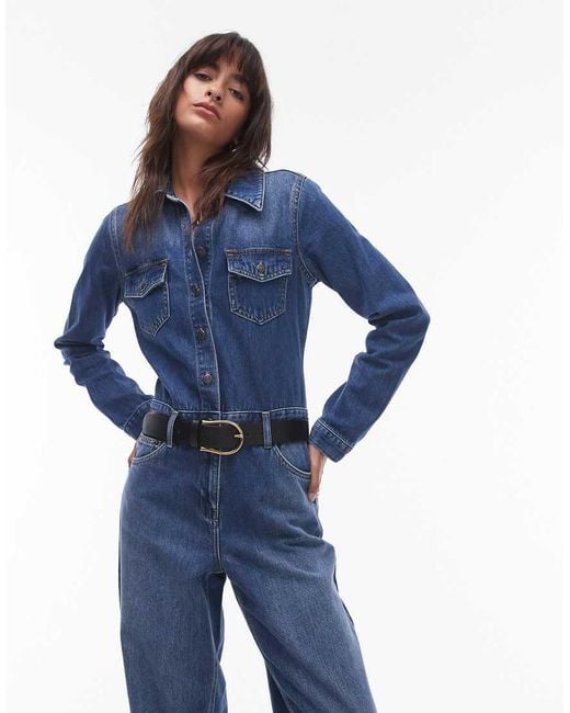 TOPSHOP Blue Denim Slim Fit Jumpsuit