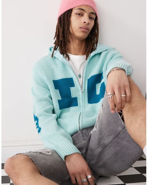 ICECREAM Blue Running Dog Back Print Knitted Zip Through Hoodie for men