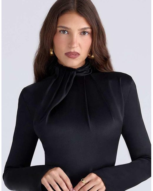 House Of Cb Black Neneh Satin High Neck Long Sleeve Bodysuit