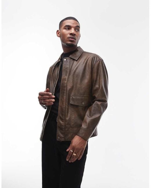 Topman Brown Faux Leather Jacket With Front Pockets for men