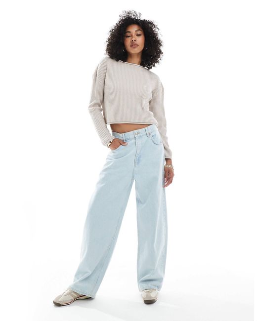 ASOS White Crew Neck Boxy Rib Jumper With Rolled Edge