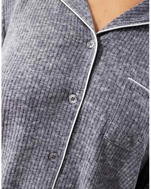 Loungeable Blue Marl Brushed Rib Long Sleeve Buttoned Pyjamas