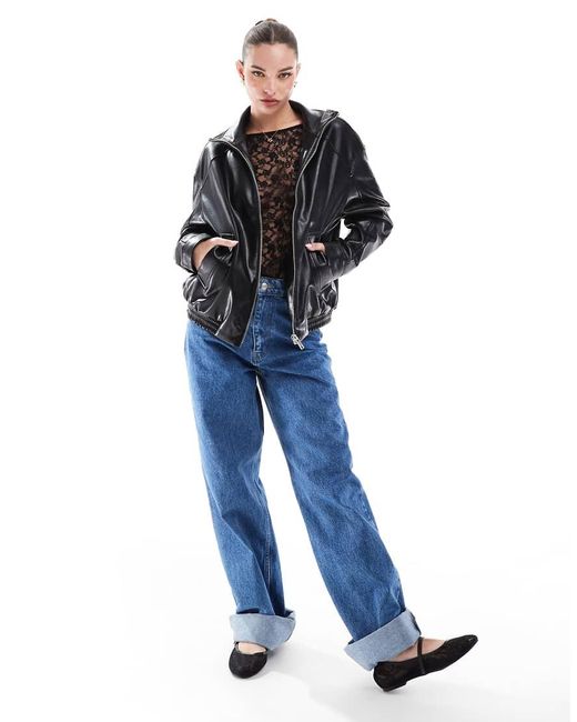 Stradivarius Black Funnel Neck Pu Jacket