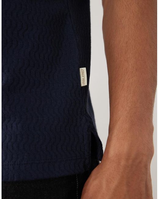 Blend Blue Regular Fit Revere Collar Textured Knit Polo for men