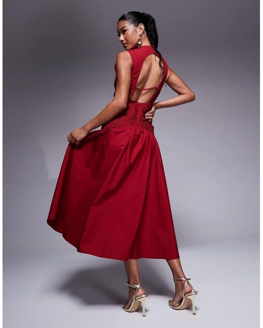 Vestido Midi Con Cuerpo Fruncido Y Detalle De Cordón Ajustable En El Centro De -Rosa ASOS de color Red