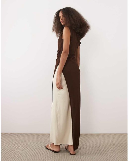 ASOS Brown Fallen Shoulder Double Layer With Split Detail Maxi Dress