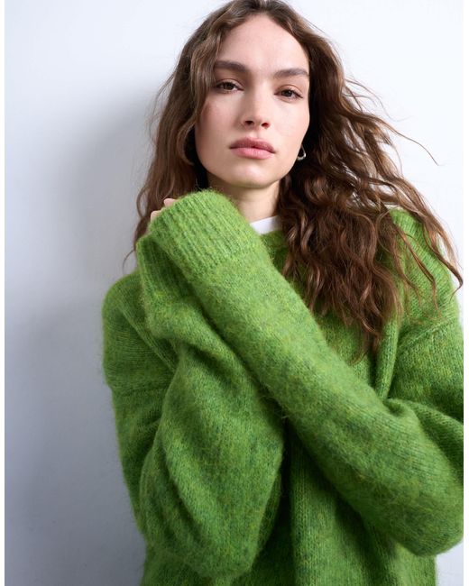 TOPSHOP Green Knit Boxy Fluffy Crew Neck Sweater