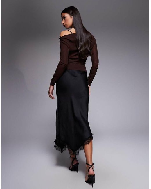 River Island Black Satin Skirt With Lace Detail