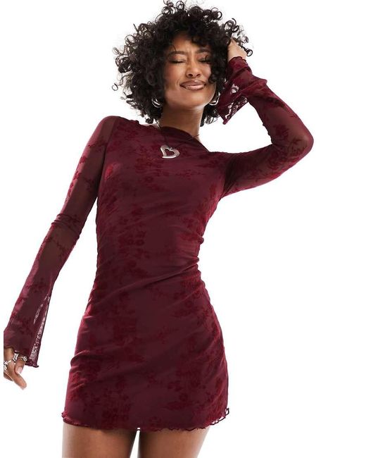 Motel Red Devore Long Sleeve Mesh Mini Dress
