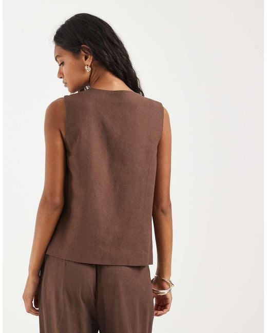 Pieces Brown Asymmetric Linen-touch Tailored Waistcoat Co-ord