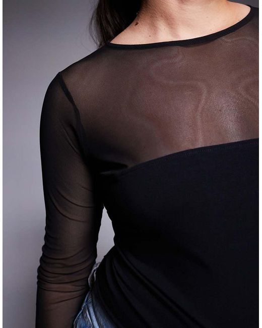 ASOS Asos Design Curve Mesh Mix Panel Long Sleeve Bodysuit in Black ...