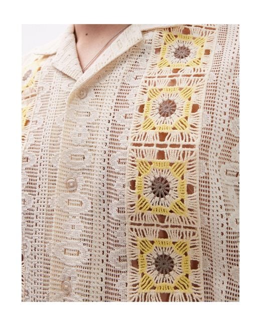 Topman Natural Short Sleeve Crochet Front Panel Floral Shirt for men