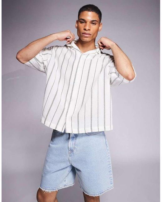 ASOS Gestreept Recht Oversized Overhemd Met Textuur En Reverskraag in het White voor heren