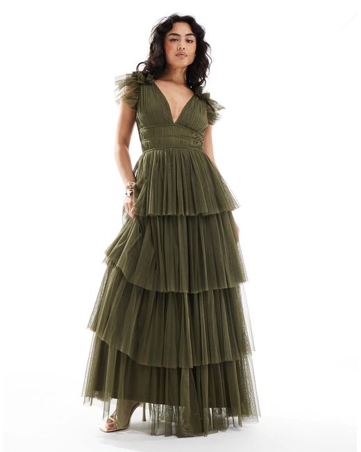L'invitée - robe longue à volants étagés en tulle - olive foncé LACE & BEADS en coloris Green