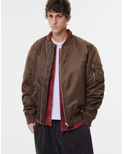 Pull&Bear Brown Stwd Oversize Bomber Jacket for men