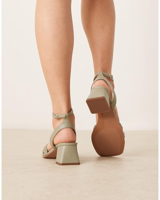Asos Design Wide Fit Natural Hummingbird Weave Detail Mid Block Heeled Sandals