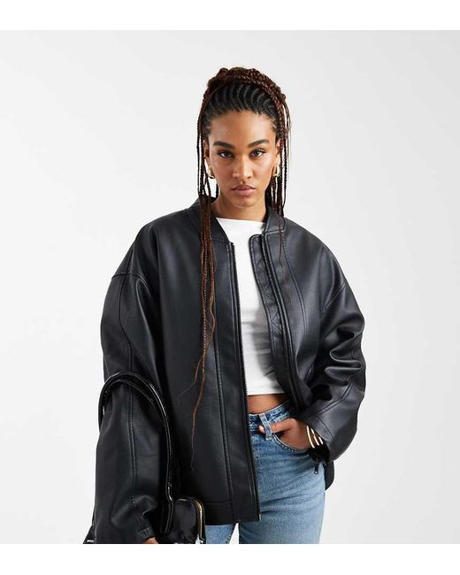 ASOS Black Asos Design Tall Leather Look Biker Jacket With Quilt Liner