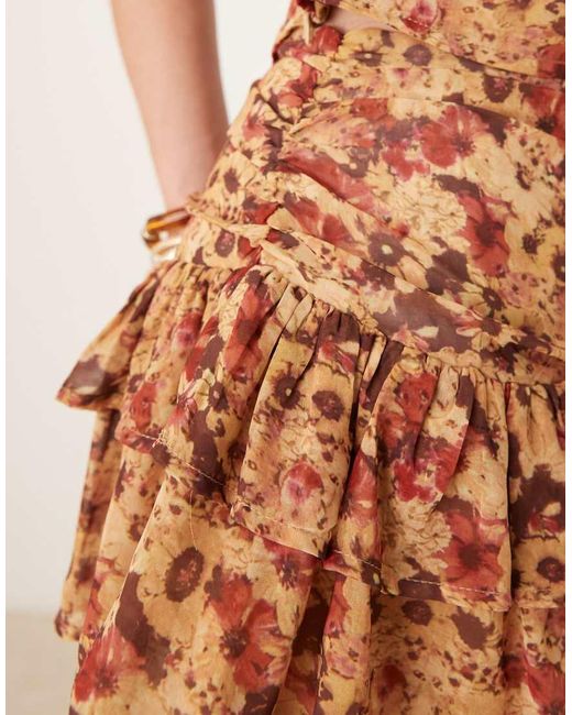 Motel Brown Masama Floral Print Ruffle Chiffon Co-Ord Mini Skirt