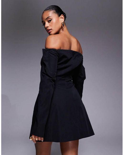 ASOS Blue Structured Long Sleeve Bardot Mini Dress With Seam Detailing