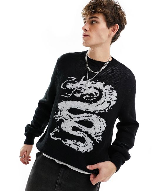 ASOS Black Relaxed Knitted Crew Neck Jumper With Dragon Pattern for men