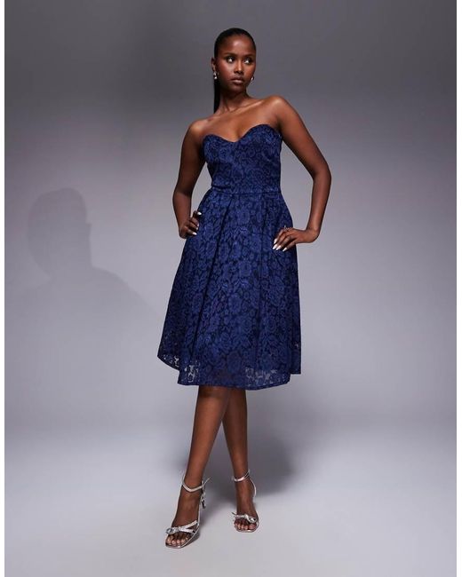 Vesper Blue Bengaline Lace Overlay Bandeau Sweetheart Neckline Pleat Hem Detail Midi Dress