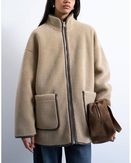 TOPSHOP Brown Longline High Neck Chuck On Shearling