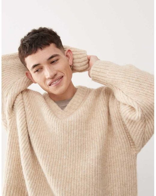 Weekday Natural Riley Wool Blend Chunky Knit V Neck Jumper for men