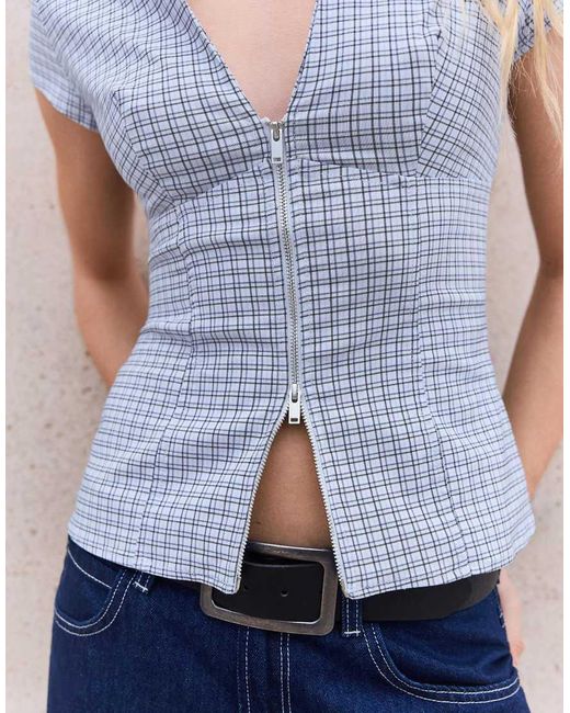 Bershka Blue Short Sleeve Zip Print Shirt