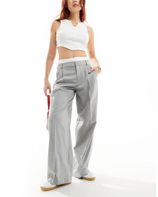 Stradivarius Gray Tailored Trouser With Contrast Waistband